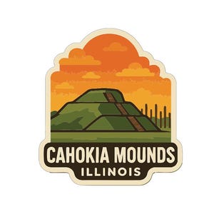 Calcomanía de vinilo troquelada de Cahokia Mounds, Illinois, con diseño simbólico.