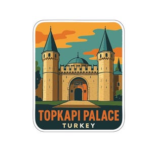 May include: A sticker featuring an illustration of Topkapi Palace in Turkey. The palace is depicted in shades of tan and brown, with teal-colored spires and a teal dome. The text "TOPKAPI PALACE TURKEY" is at the bottom.