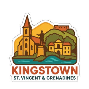 May include: A sticker featuring a colorful illustration of Kingstown, St. Vincent & Grenadines. The design includes a church, buildings, a statue, and the text "KINGSTOWN" and "ST. VINCENT & GRENADINES" in a bold font. The sticker has a white border.