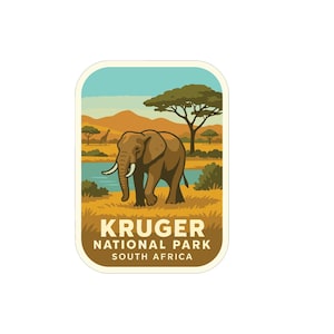 May include: A rectangular sticker featuring a brown elephant in a savanna landscape with a lake and trees. The text "KRUGER NATIONAL PARK SOUTH AFRICA" is at the bottom, with a light blue and orange background.