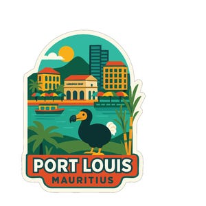 May include: A colorful sticker featuring a scenic view of Port Louis, Mauritius. The design includes a dodo bird, buildings, a boat, and the text "PORT LOUIS MAURITIUS". The background shows a blue sky, a yellow sun, and green palm trees.