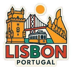 Puede incluir: Una pegatina con un diseño de Lisboa, Portugal. La ilustración incluye un tranvía amarillo, un puente, una torre y el texto "LISBON PORTUGAL" en rojo, verde y blanco.