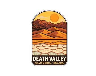 May include: A sticker featuring a desert landscape with the text "Death Valley California / Nevada." The design includes a sun, mountains, and sand dunes in shades of orange and brown, with a cracked earth pattern at the bottom.