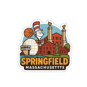 May include: A colorful sticker featuring a cartoon illustration of Springfield, Massachusetts. The design includes a basketball, the Cat in the Hat, and local landmarks. The text "SPRINGFIELD MASSACHUSETTS" is prominently displayed in a bold font.