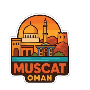 Pode incluir: Um autocolante com uma ilustração estilizada de Mascate, Omã. O design inclui uma mesquita com cúpula e minarete, edifícios e o texto "MUSCAT OMAN" em laranja e castanho. O fundo é um gradiente laranja.