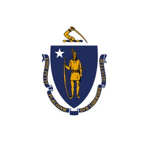 May include: The official flag of the Commonwealth of Massachusetts features a blue shield with a white five-pointed star and a gold-colored Native American figure holding a bow and arrow. The shield is surrounded by two gold-colored scrolls with the Latin phrases "Ense petit placidam sub libertate quietem" and "Ense petit placidam sub libertate quietem".