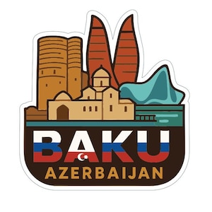 May include: A sticker featuring a stylized illustration of Baku, Azerbaijan. The design includes iconic buildings in shades of brown, orange, and teal, with the city name in bold letters and the country name below.