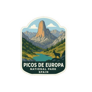 以下が含まれることがあります： 山、湖、ヤギのシルエットが描かれたステッカー。「PICOS DE EUROPA NATIONAL PARK SPAIN」の文字。 ヴィンテージ旅行をテーマにしたデザイン。