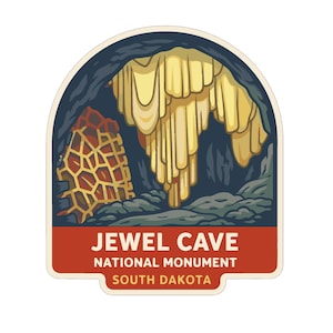 May include: A sticker featuring an illustration of Jewel Cave National Monument in South Dakota. The design includes a cave interior with stalactites and a honeycomb-like structure. The text "JEWEL CAVE NATIONAL MONUMENT SOUTH DAKOTA" is displayed in a red banner.
