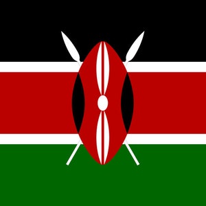 May include: The flag of Kenya features a black, red, and green horizontal tricolor with a white stripe separating the red and green bands. A white spear and two white crossed spears are centered on the red band.