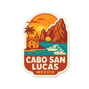 May include: A sticker featuring a Cabo San Lucas design. The illustration includes a sunset, arch rock formation, boats, palm tree, and a church. The text "CABO SAN LUCAS MEXICO" is displayed in a bold font.