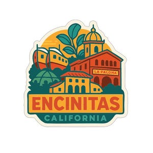 May include: A colorful sticker featuring a stylized illustration of Encinitas, California. The design includes buildings, a train, and the text "ENCINITAS CALIFORNIA". The sticker has a retro, travel-themed aesthetic.
