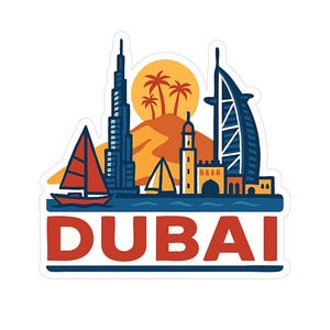 Può includere: Un adesivo con un'illustrazione stilizzata dello skyline di Dubai. Il design include il Burj Khalifa, una barca a vela e l'hotel Burj Al Arab, con un paesaggio desertico e la parola "DUBAI" in rosso.