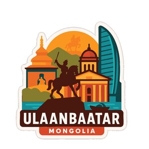 May include: A sticker featuring a stylized illustration of Ulaanbaatar, Mongolia. The design includes a statue of a man on horseback, buildings, and the text "ULAANBAATAR MONGOLIA" in white letters on a red banner.