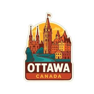 Puede incluir: Una pegatina con una ilustración estilizada de Ottawa, Canadá. El diseño incluye un paisaje urbano con edificios prominentes, un río y el texto "OTTAWA CANADA" en marrón. El fondo presenta un degradado de amarillo y naranja.