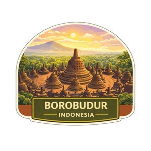 May include: A sticker depicting the Borobudur temple in Indonesia. The image shows the temple complex with a mountain in the background, a sunset, and the text "BOROBUDUR - INDONESIA" in a green and brown banner.
