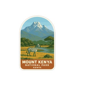 May include: A sticker featuring a scenic illustration of Mount Kenya National Park. The image shows a zebra standing in a grassy field with a river, trees, and a snow-capped mountain in the background. Text at the bottom reads "Mount Kenya National Park Kenya."