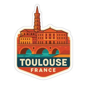 以下が含まれることがあります： フランス、トゥールーズのイラストが描かれたステッカー。オレンジと茶色の橋、建物、高い塔のデザイン。 「TOULOUSE」の文字は青い背景に白で表示され、その下に「FRANCE」がオレンジ色で表示されています。