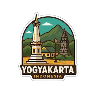 Peut inclure: Un autocollant avec un design de Yogyakarta, Indonésie. L'illustration comprend un monument blanc, un temple, des montagnes vertes et le texte "YOGYAKARTA INDONESIA" dans une bannière marron. Le fond est turquoise et l'autocollant a une bordure blanche.