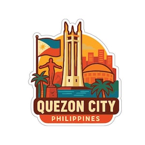 May include: A sticker depicting Quezon City, Philippines. The design includes a flag, a monument, palm trees, and the text "QUEZON CITY PHILIPPINES" in a brown banner against a white background.
