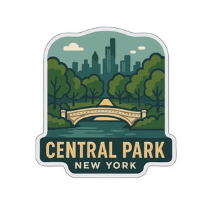 Peut inclure: Un autocollant représentant Central Park à New York. Le design comprend un pont sur l'eau, des arbres et une ligne d'horizon urbaine. Le texte "CENTRAL PARK NEW YORK" est affiché en gras, avec une bordure blanche.