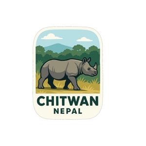 Peut inclure: Autocollant rectangulaire avec un rhinocéros gris marchant dans l'herbe, avec des arbres, des collines et un ciel bleu nuageux. Le texte "CHITWAN NEPAL" est en bas.
