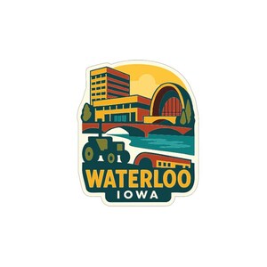 May include: A sticker featuring a stylized illustration of Waterloo, Iowa. The design includes a cityscape with buildings, a bridge, and a tractor. The text "WATERLOO IOWA" is prominently displayed in a banner.