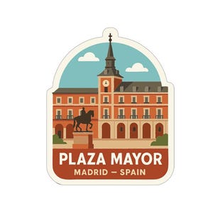 Può includere: Un adesivo con un'illustrazione stilizzata di Plaza Mayor a Madrid, Spagna. Il design include un edificio con una torre dell'orologio, una statua equestre e il testo "PLAZA MAYOR MADRID - SPAIN".