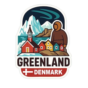 May include: A sticker featuring a Greenland landscape with a red church, colorful houses, and a person in a brown parka. The design includes mountains, the Northern Lights, and the text "GREENLAND + DENMARK".