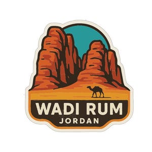May include: A sticker featuring a desert landscape with the text "WADI RUM JORDAN". The design includes orange rock formations, a camel silhouette, and a teal sky, all set against a tan and brown background.
