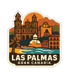 Könnte beinhalten: Ein Aufkleber mit einer stilisierten Illustration von Las Palmas, Gran Canaria. Das Design zeigt eine Kirche, Gebäude, eine Palme und das Meer. Der Text "LAS PALMAS GRAN CANARIA" befindet sich unten.