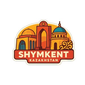 Może przedstawiać: Naklejka z wystylizowaną ilustracją Szymkentu, Kazachstan. Projekt zawiera budynki z pomarańczowymi i turkusowymi akcentami, łuk i nazwę miasta pogrubioną czcionką.