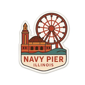 Peut inclure: Un autocollant représentant le Navy Pier de Chicago, Illinois. Le design comprend une grande roue, un bâtiment et le texte "NAVY PIER ILLINOIS" sur une bannière crème. Un souvenir de voyage.