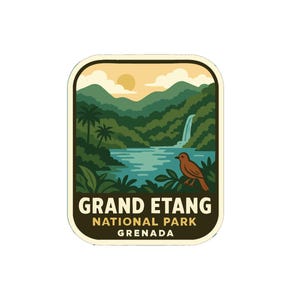 Peut inclure: Un autocollant rectangulaire représentant un paysage du parc national de Grand Etang à la Grenade. Le design comprend une cascade, un lac, des montagnes et un oiseau. Le texte "GRAND ETANG NATIONAL PARK GRENADA" est affiché en gras.