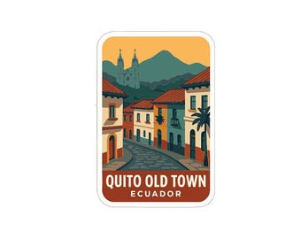 Calcomanía de vinilo troquelada del casco antiguo de Quito, Ecuador, con diseño simbólico.
