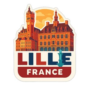 Puede incluir: Una pegatina con una ilustración de Lille, Francia. El diseño presenta un edificio con una torre del reloj, el nombre de la ciudad en azul y rojo y el nombre del país. La imagen tiene una estética de viaje vintage.