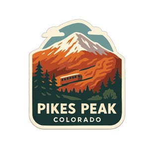 May include: A sticker featuring Pikes Peak in Colorado. The design includes a mountain with a snow-capped peak, a cog railway, and evergreen trees. The text "PIKES PEAK COLORADO" is at the bottom in white letters on a dark green background.