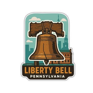 Könnte beinhalten: Ein Aufkleber mit der Liberty Bell, einem Symbol der amerikanischen Unabhängigkeit. Die Glocke ist braun mit einem Riss, vor einem türkisfarbenen Hintergrund mit Stadtlandschaft. Der Text "LIBERTY BELL PENNSYLVANIA" ist abgebildet.