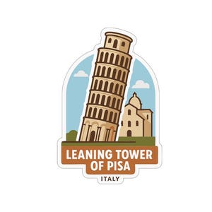 May include: A sticker featuring the Leaning Tower of Pisa in Italy. The tower is depicted in a cartoon style, with a slight lean. The sticker also includes a building and the text "LEANING TOWER OF PISA ITALY".