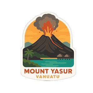 Calcomanía de vinilo troquelada del Monte Yasur, Vanuatu, diseño simbólico.