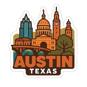 May include: A sticker featuring an illustrated cityscape of Austin, Texas. The design includes iconic buildings, a bridge, and a tree, all in shades of orange, brown, and teal. The word "AUSTIN" is prominently displayed.