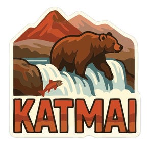 Peut inclure: Autocollant représentant un ours brun dans une cascade avec un saumon. En arrière-plan, une chaîne de montagnes et le mot KATMAI en lettres oranges.