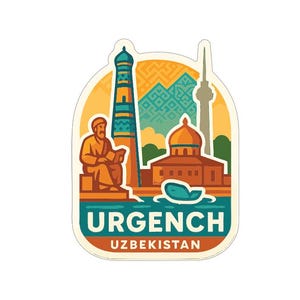 Op de afbeelding: Een sticker met een gestileerde illustratie van Urgentsj, Oezbekistan. Het ontwerp toont een minaret, een gebouw met een koepel en een lezende figuur. De tekst "URGENCH OEZBEKISTAN" staat onderaan in oranje, turquoise en geel.