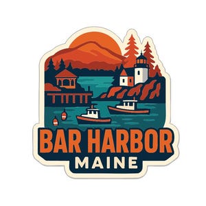 May include: A sticker featuring a scenic illustration of Bar Harbor, Maine. The design includes a lighthouse, boats, and the text "BAR HARBOR MAINE" in orange and white. The background depicts a sunset over the water.