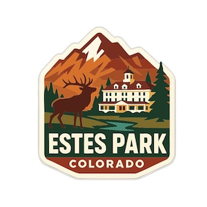May include: A sticker featuring a brown elk in front of a mountain range and a white building. The text "ESTES PARK COLORADO" is displayed in green and red. The design is set against a white background.