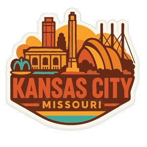 A sticker or emblem featuring the skyline and landmarks of Kansas City, Missouri.