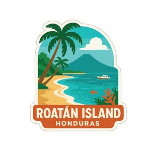 Könnte beinhalten: Ein Aufkleber mit einer tropischen Strandszene mit Palmen, einem Boot und einem Berg. Der Text "Roatán Island Honduras" wird in einem braunen Banner am unteren Rand angezeigt. Das Design hat eine Retro-Reiseästhetik.