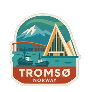 May include: A sticker featuring a stylized illustration of Tromsø, Norway. The design includes a church, mountains, boats, and a bridge, all set against a teal and orange backdrop. The text "Tromsø Norway" is prominently displayed.