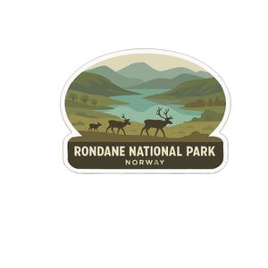 May include: A sticker depicting a landscape with mountains, a river, and deer silhouettes. The text "Rondane National Park Norway" is on a dark brown banner. The design uses green, blue, and brown hues.