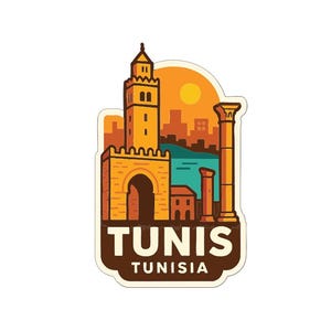 May include: A sticker depicting a cartoon illustration of Tunis, Tunisia. The design includes a tall building, archway, and columns, with the city name in bold letters. The background shows a sunset over a cityscape.